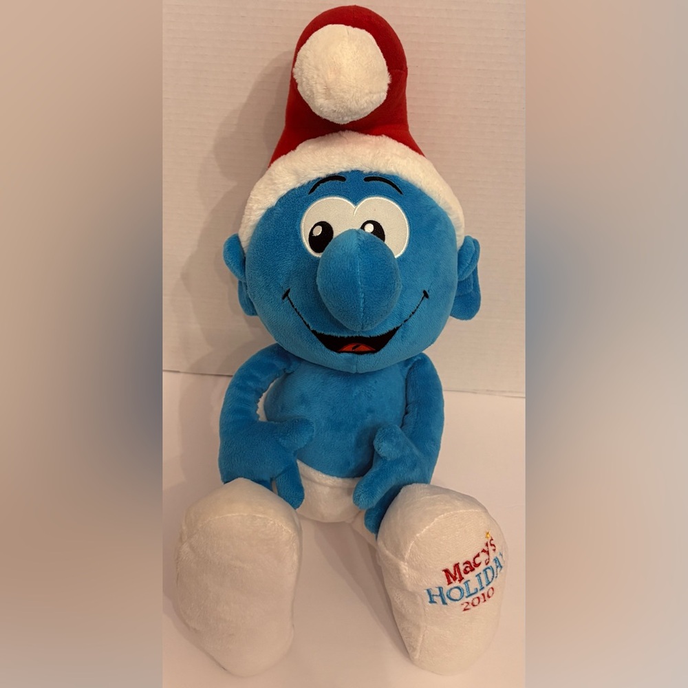Macys Christmas Holiday 2010 Sitting Smurf Plush w/ Santa Hat Stuffed Animal.